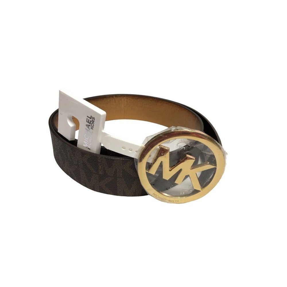 MICHAEL KORS BROWN SIGNATURE BELT GOLD‎ BUCKLE L NEW WITH TAG